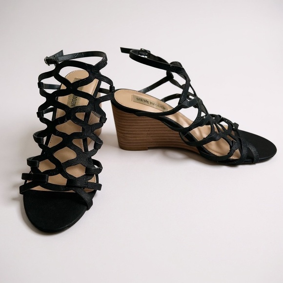 STEVE MADDEN 8 Christina Black Suede Strappy Wedge Sandals R $99 - Picture 2 of 11